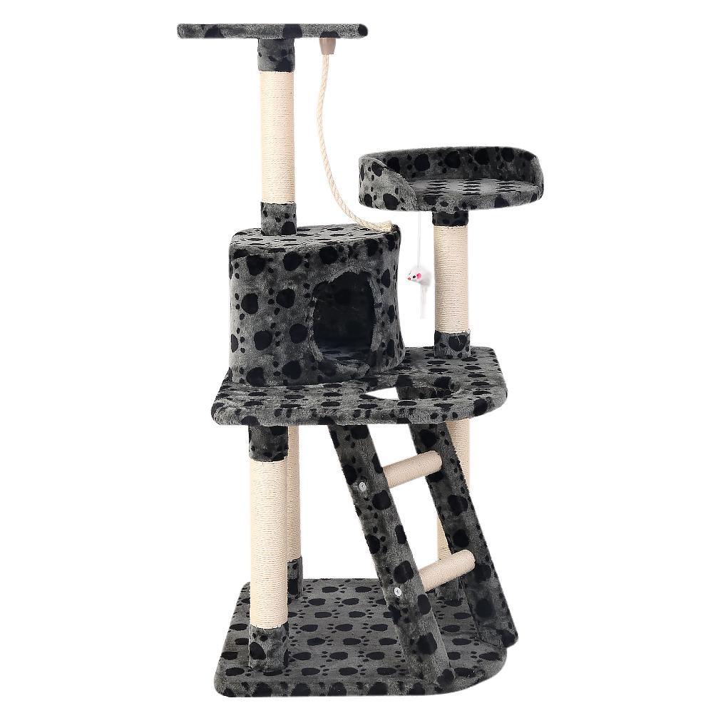 Tall multi-level cat tree with beige plush surfaces and sisal scratching posts, featuring platforms and a condo.