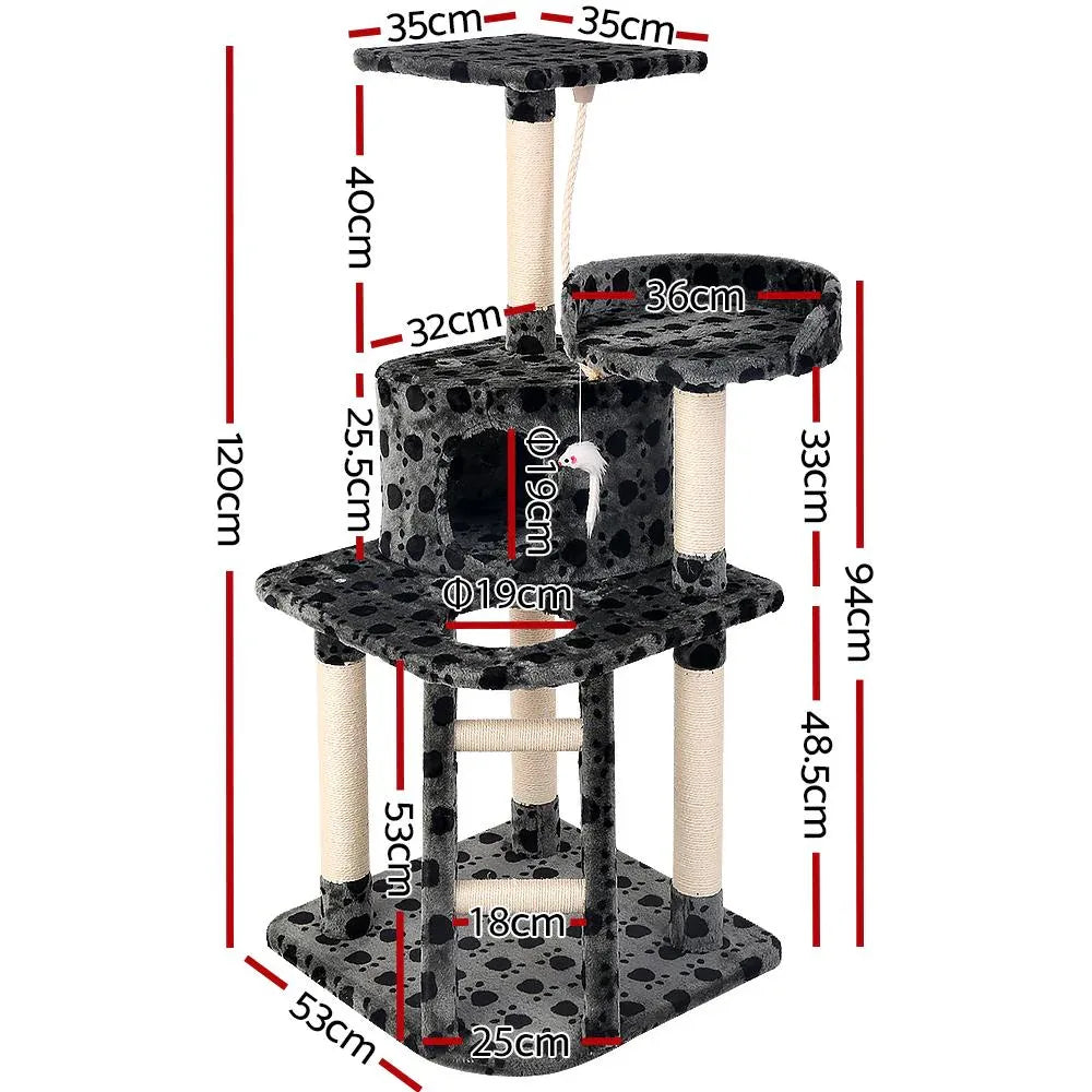 Side view of beige cat tree showing condo house, scratching posts, and hanging toy mouse for cats.