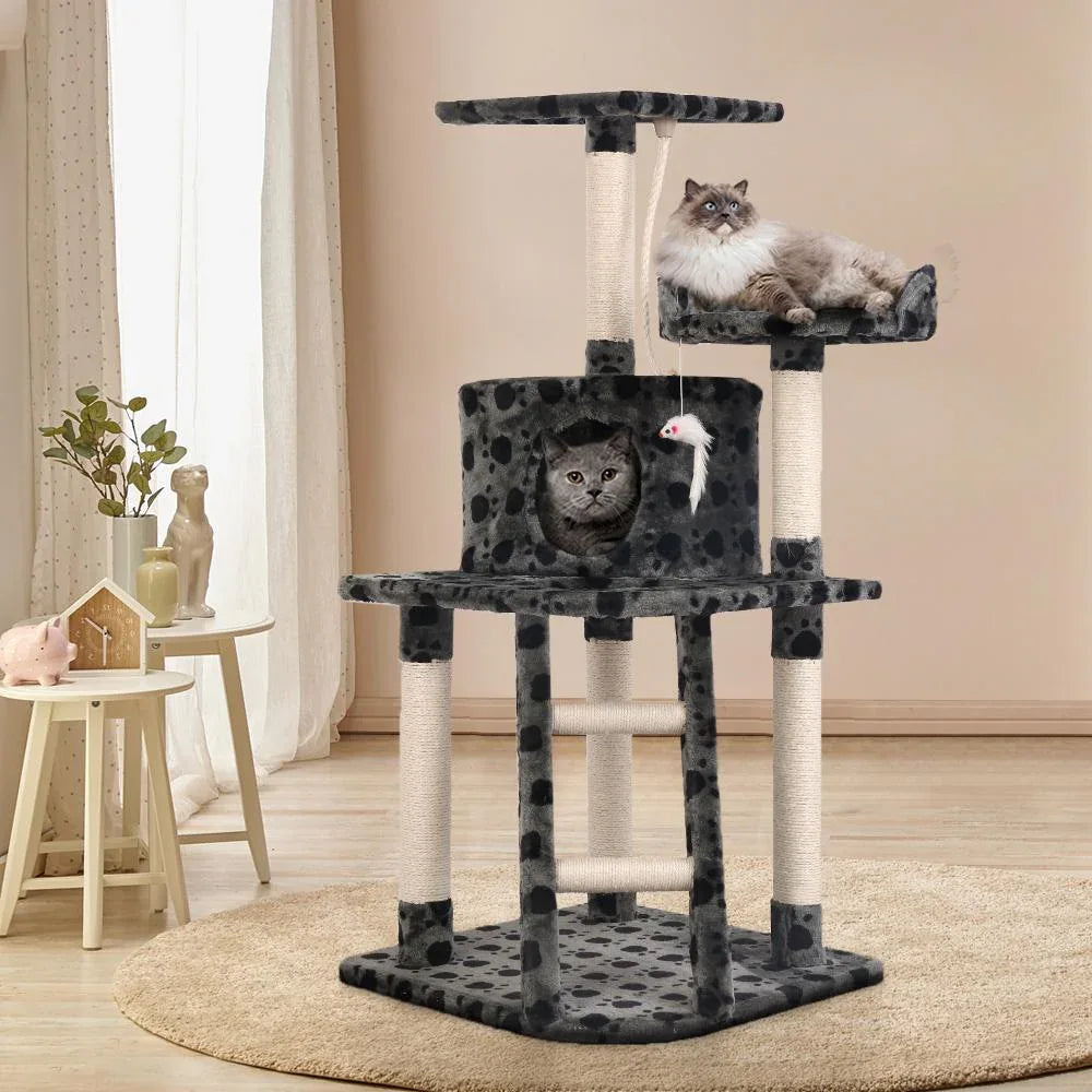 Beige cat tree with various levels, condo hideout, and hanging rope toy to engage cats.