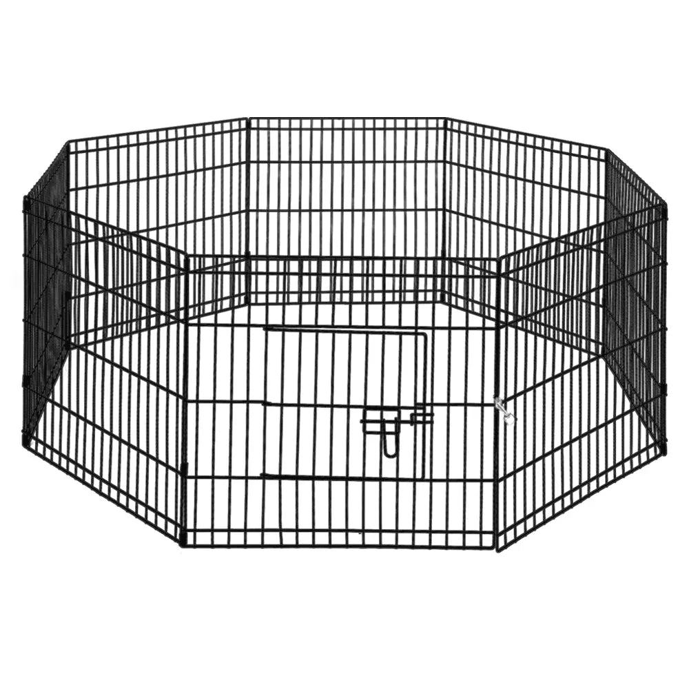 Black powder-coated steel 8-panel pet playpen arranged in an octagon on wooden floor.