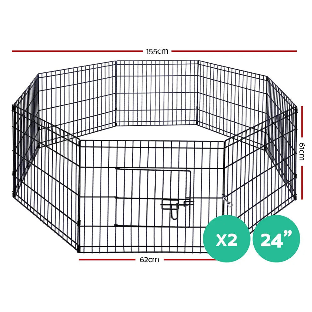 Close-up of black metal frame and mesh panels of the pet playpen.