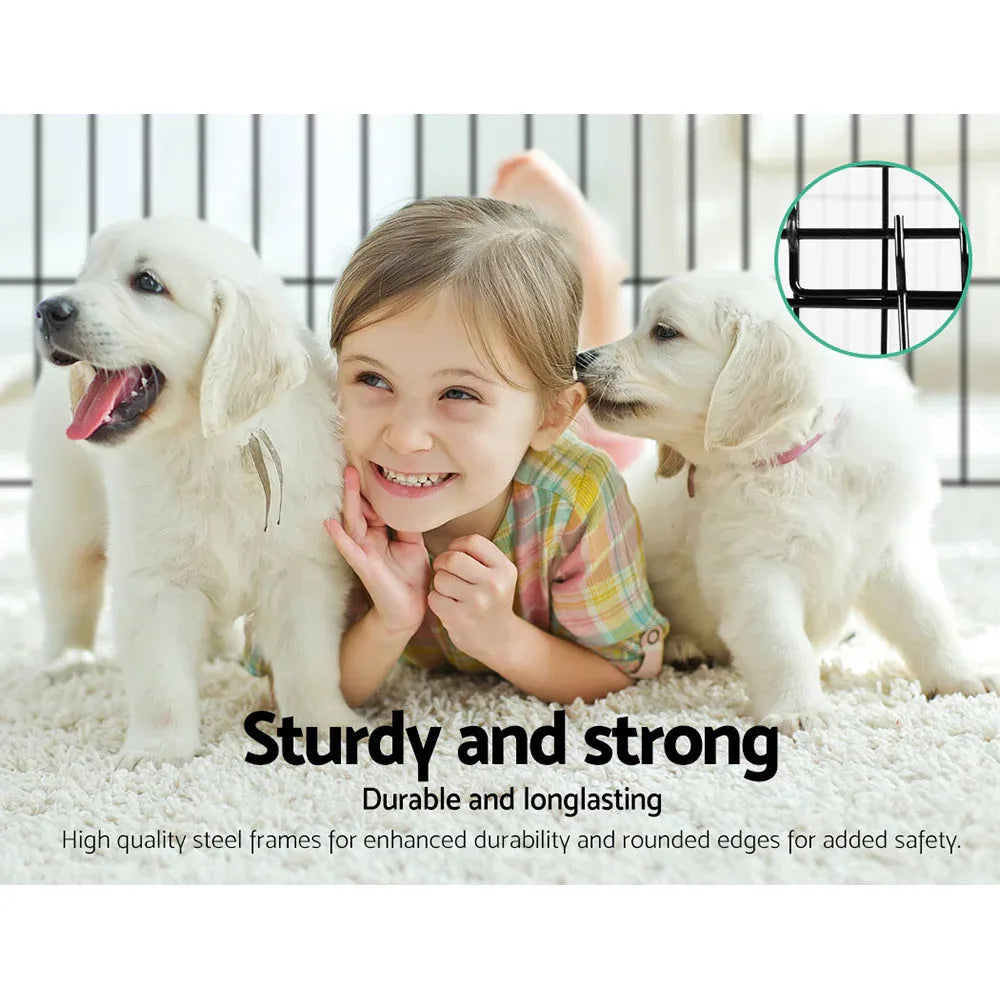 Pet playpen shown as a square enclosure in a bright living room setting.