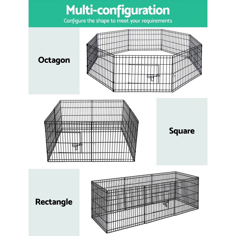 Folded black metal panels of pet playpen stacked for storage.