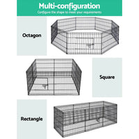 Folded black metal panels of pet playpen stacked for storage.