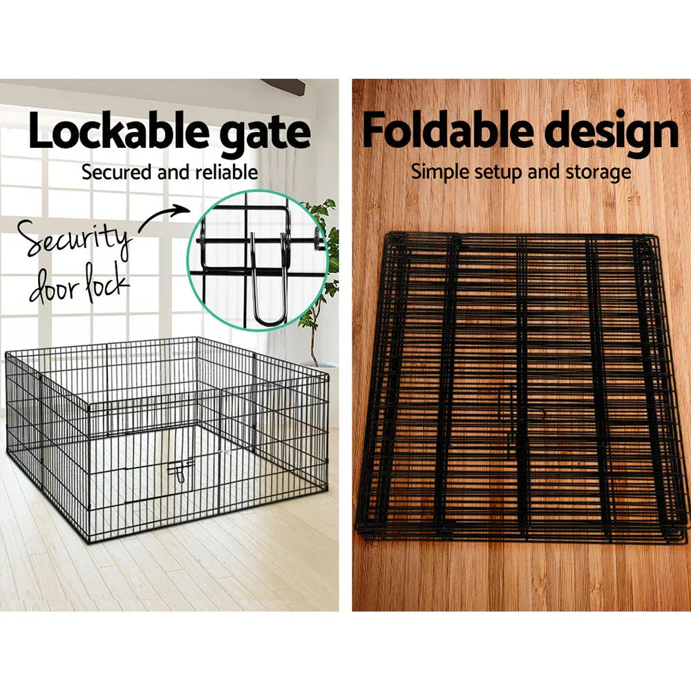 Wide view of 8-panel pet playpen with door panel open on wooden floor.