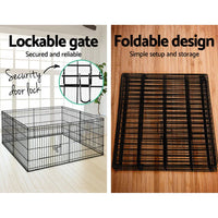 Wide view of 8-panel pet playpen with door panel open on wooden floor.