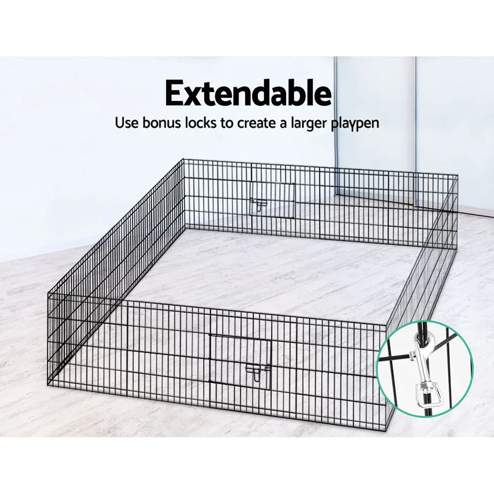 Two 8-panel pet playpen sets combined to create larger enclosed space.