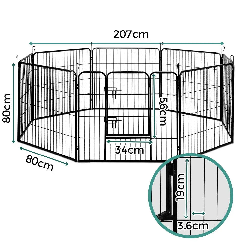 Detail of black pet playpen panel showing mesh fencing and metal frame with powder-coated finish.