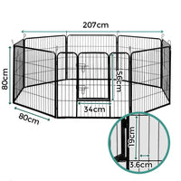 Detail of black pet playpen panel showing mesh fencing and metal frame with powder-coated finish.