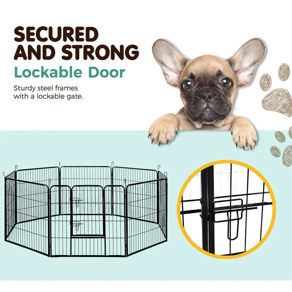 Folded black metal panels of pet playpen showing compact design for easy storage and portability.