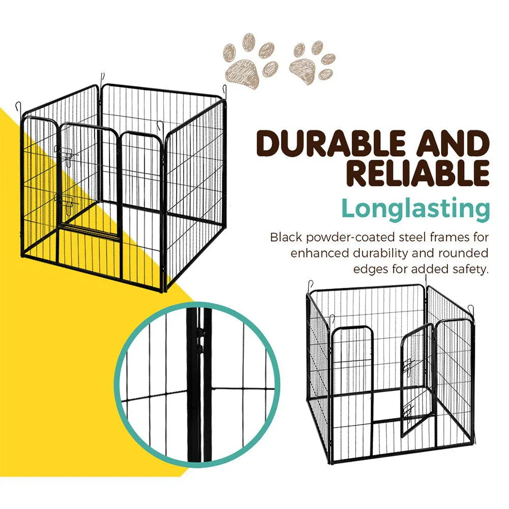 Pet playpen displayed in a rectangular shape with a secure door access and sturdy metal frame.