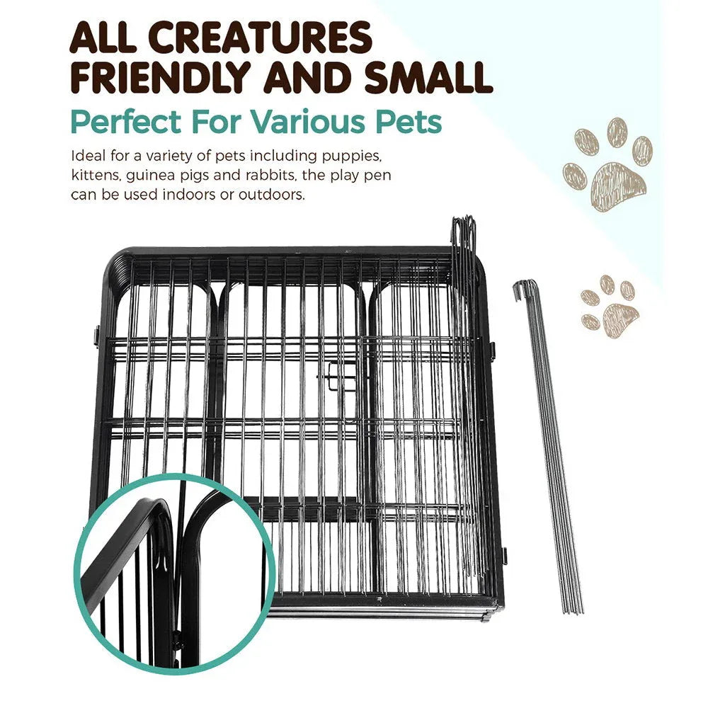 Black pet playpen configured as a large square enclosure on indoor floor space for puppy exercise.