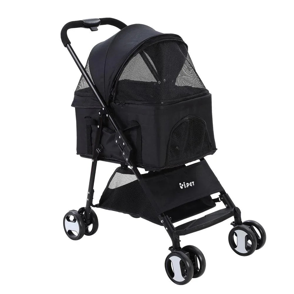 Black i.Pet Pet Stroller with mesh front and sturdy frame for small pets outdoors.