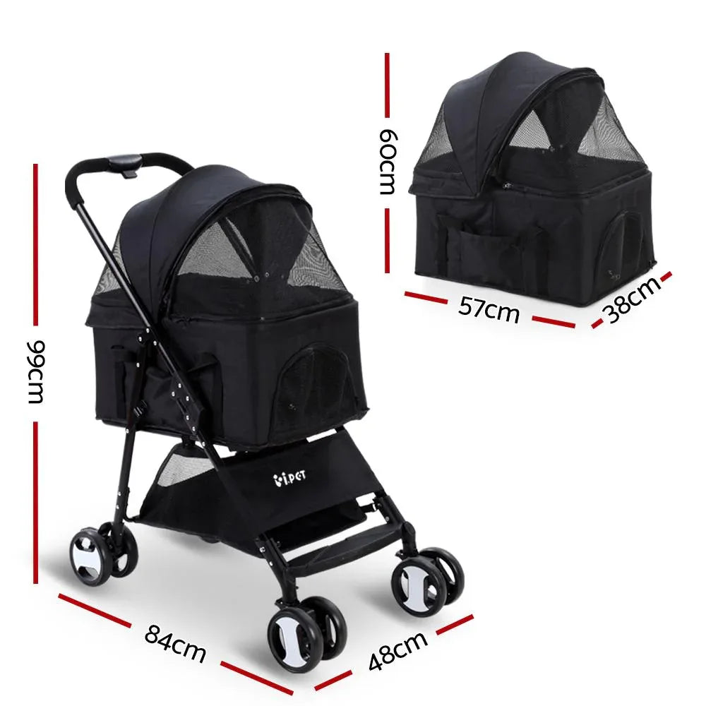 Side view of foldable black pet stroller showing large wheels and breathable fabric.