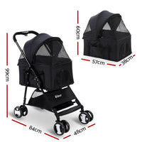 Side view of foldable black pet stroller showing large wheels and breathable fabric.