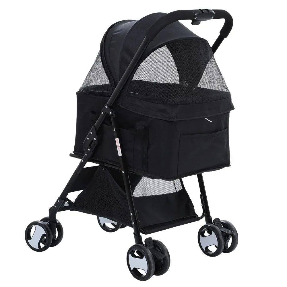 Pet stroller partially folded, highlighting compact and foldable design for easy storage.