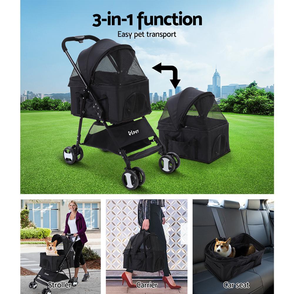 Interior of black pet stroller with padded seat and mesh ventilation windows open.