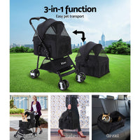 Interior of black pet stroller with padded seat and mesh ventilation windows open.