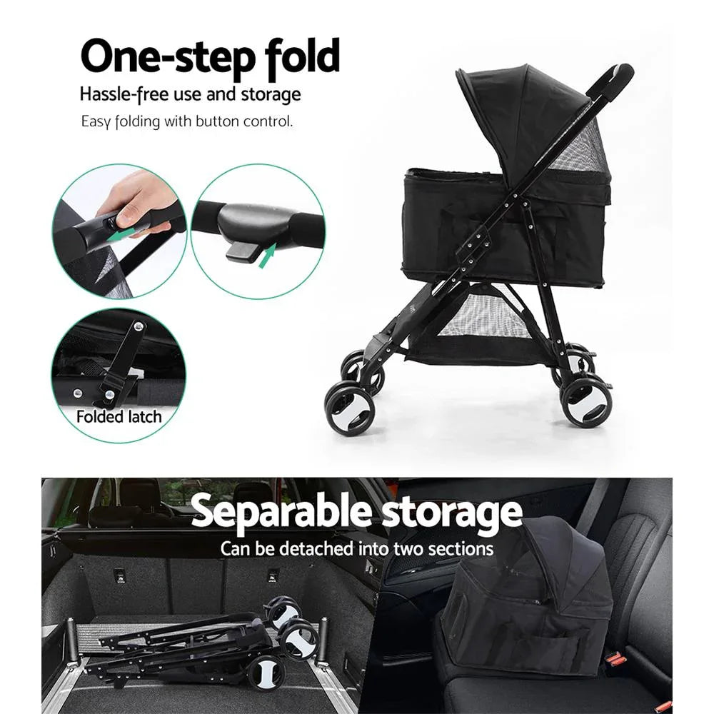 Pet stroller with front adjustable veil unzipped, allowing easy pet access.