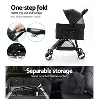 Pet stroller with front adjustable veil unzipped, allowing easy pet access.