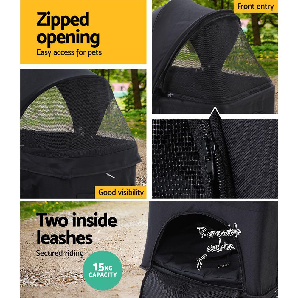 Collapsible pet stroller showing powder-coated steel frame and durable fabric closeup.