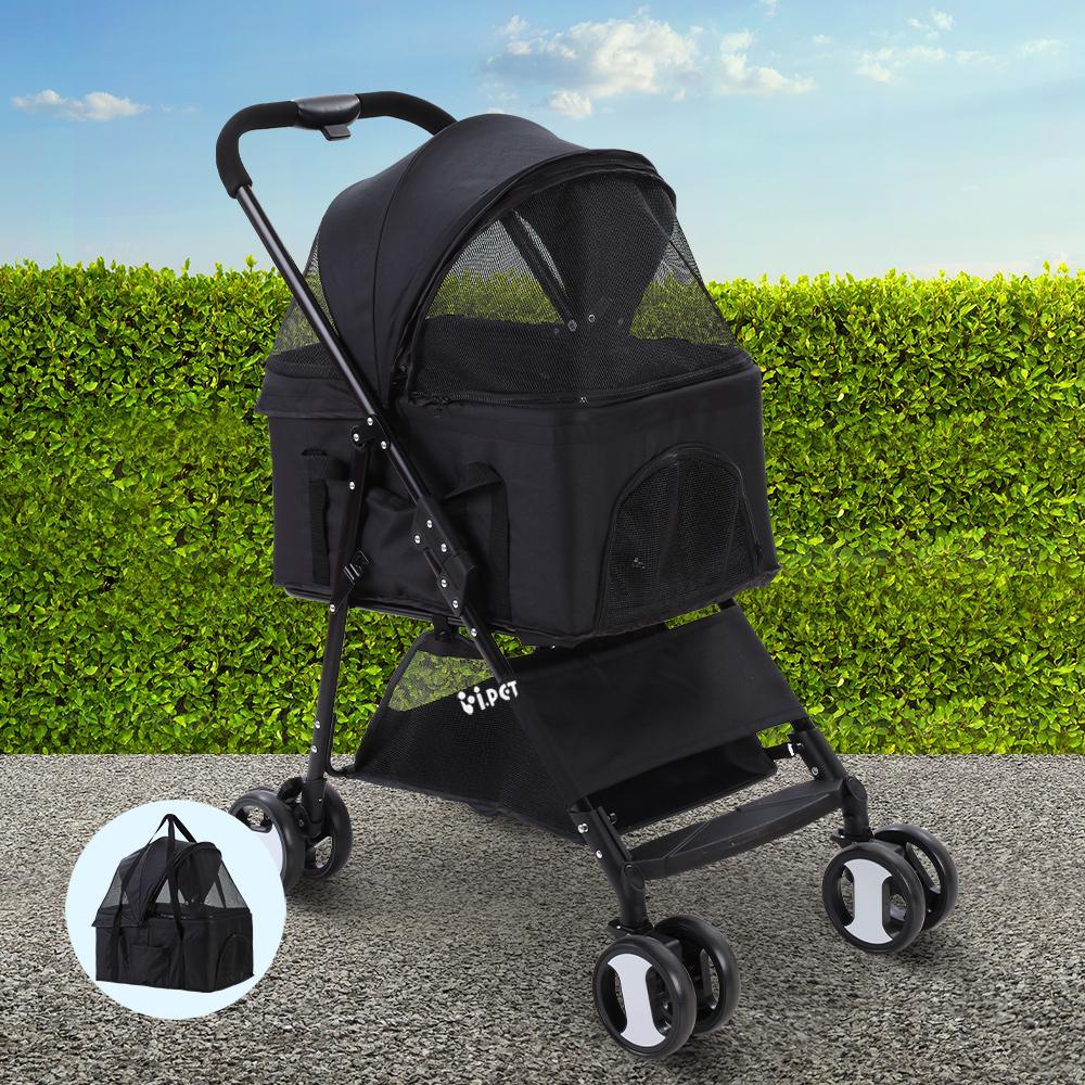 Folded pet stroller compactly stored, demonstrating easy transport and space saving.