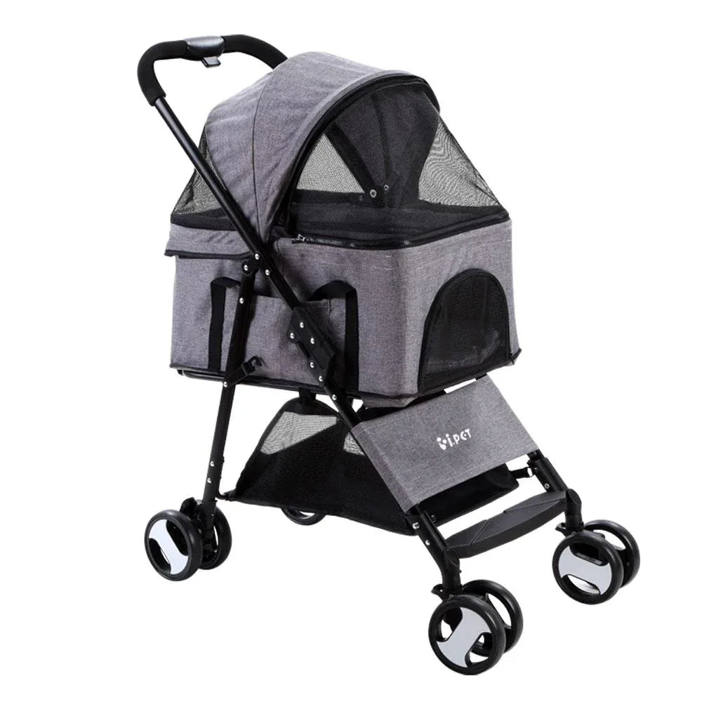 Grey i.Pet pet stroller showing side and front mesh window for air circulation and a sturdy frame.