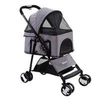 Grey i.Pet pet stroller showing side and front mesh window for air circulation and a sturdy frame.