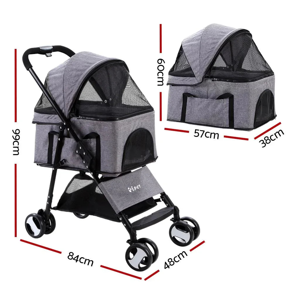 Foldable middle-sized pet stroller in grey with zipped front veil for easy access and ventilation.