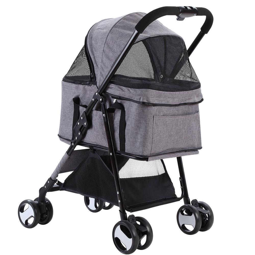 Close-up of pet stroller showing breathable, washable 600D Oxford fabric and powder-coated steel frame.