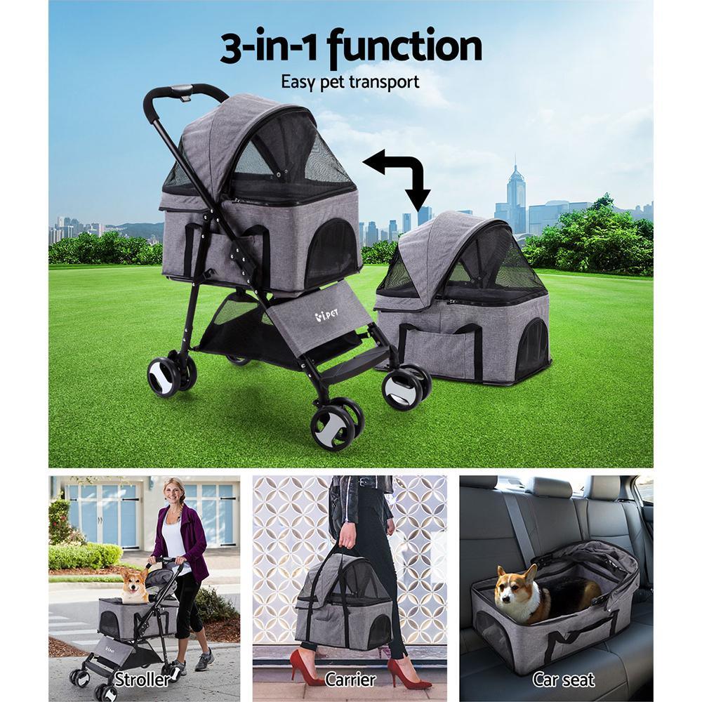 Grey pet stroller folded flat for compact storage and easy transport.