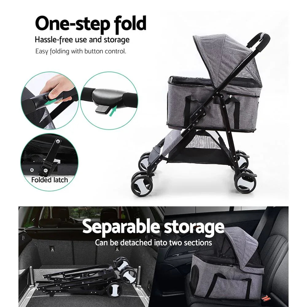 Pet stroller demonstrating 3-in-1 function: stroller, carrier, and car seat with secure retention straps.