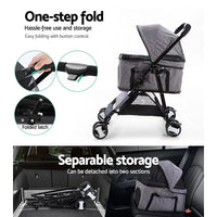 Pet stroller demonstrating 3-in-1 function: stroller, carrier, and car seat with secure retention straps.