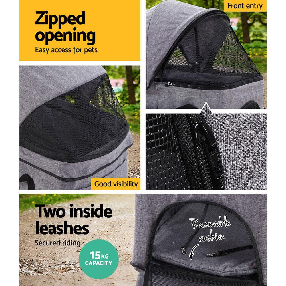 Front view of pet stroller highlighting adjustable mesh veil and safety features.