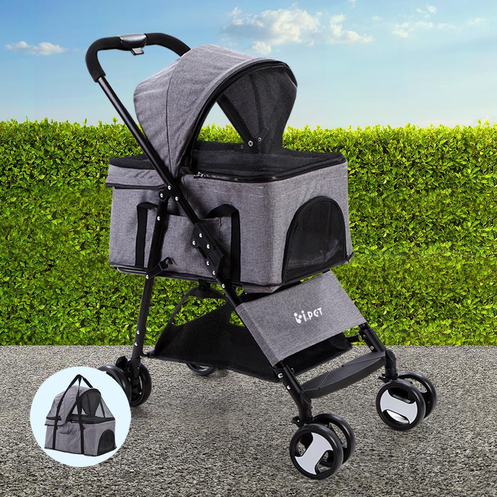 Pet stroller with seat inside, designed for middle-sized pets with comfortable cushioning and ventilation.