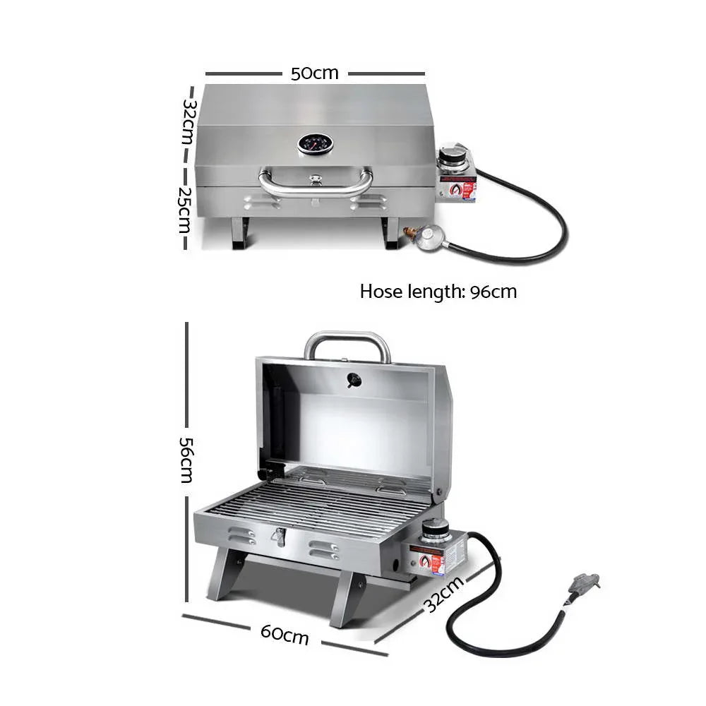 Portable gas grill shown folded with retractable steel legs for easy transport and storage.