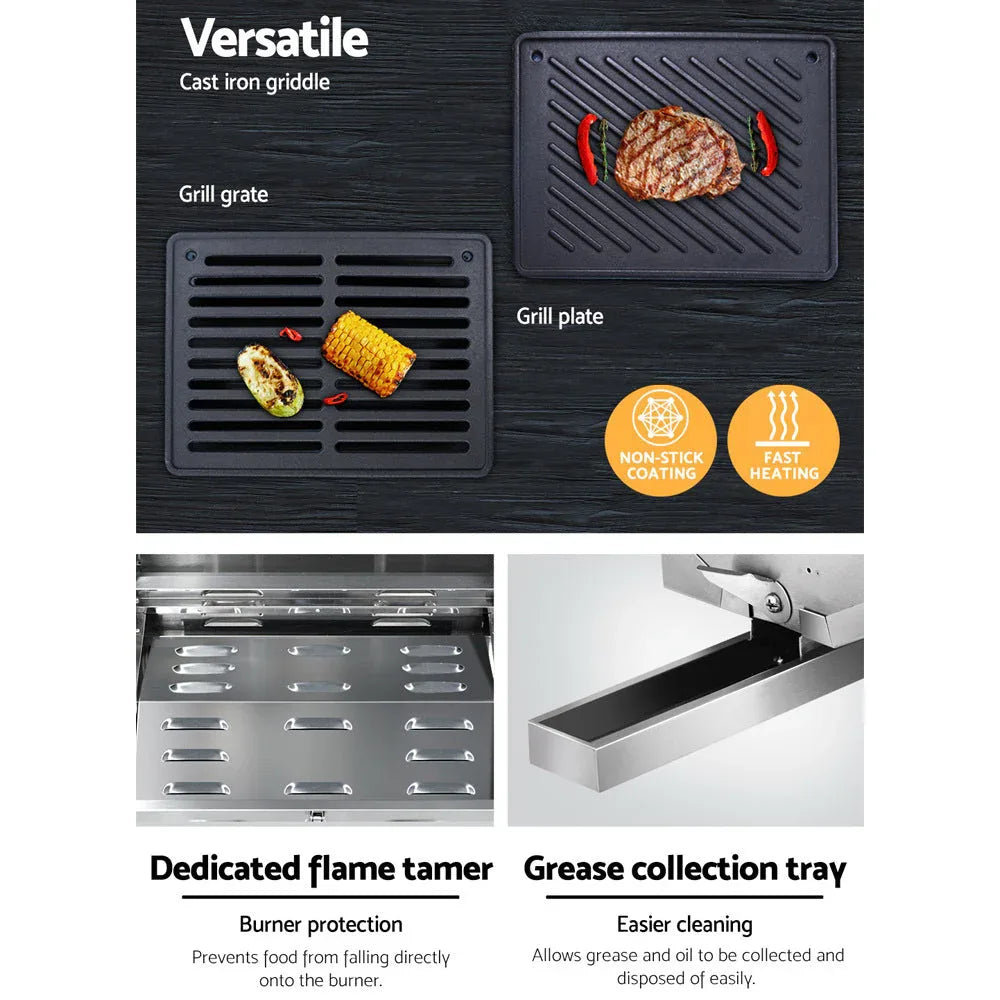 Portable gas BBQ stove folded flat for easy transport and storage with handle on top.