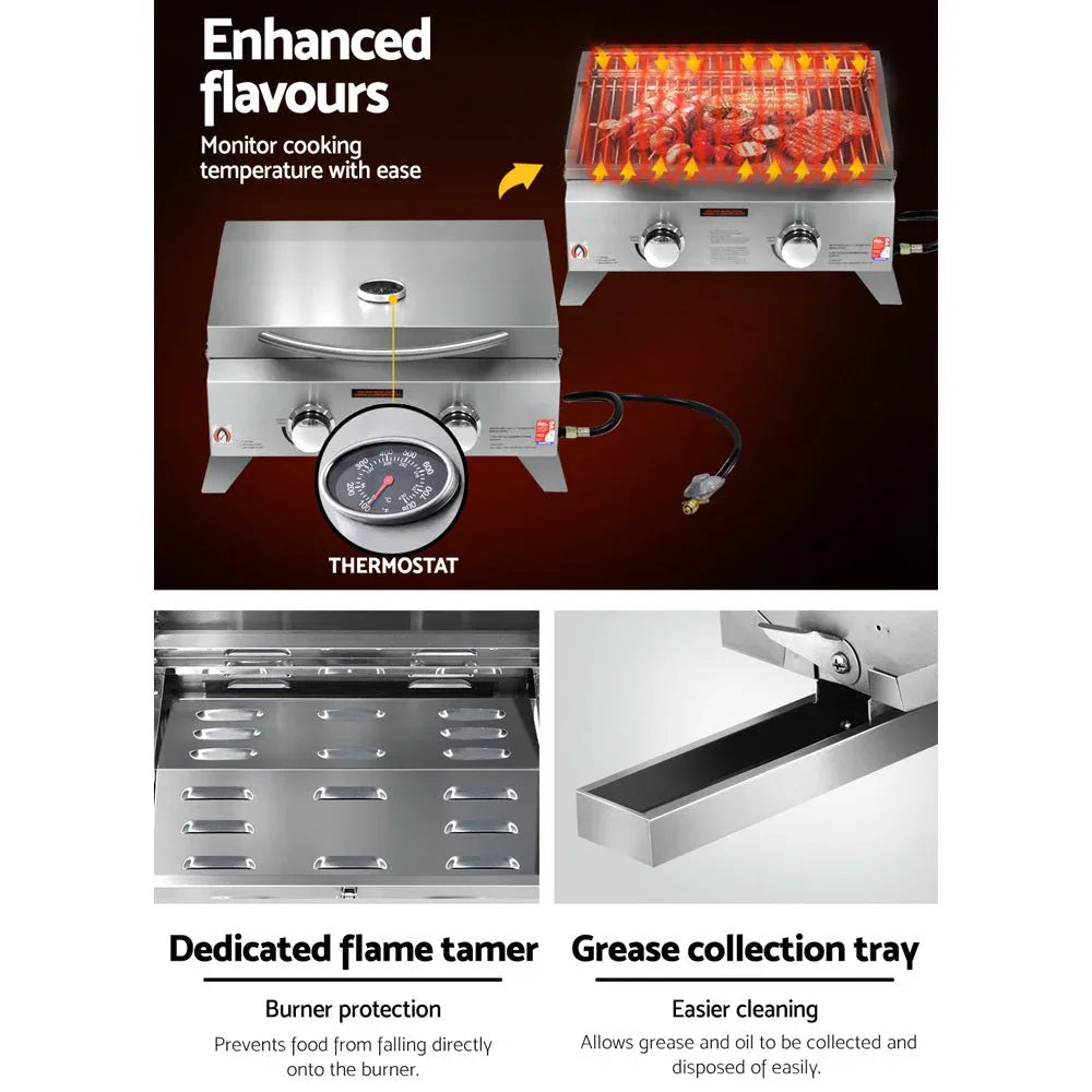 Removable grease collection tray of the portable stainless steel gas BBQ.