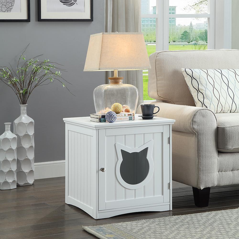 White cat house side table with open door, displaying interior space for pet bed or litter box.