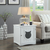 White cat house side table with hinged door opened showing interior space