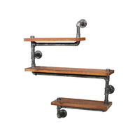 Rustic industrial three-level pipe wall shelf displaying decor and books in modern living room