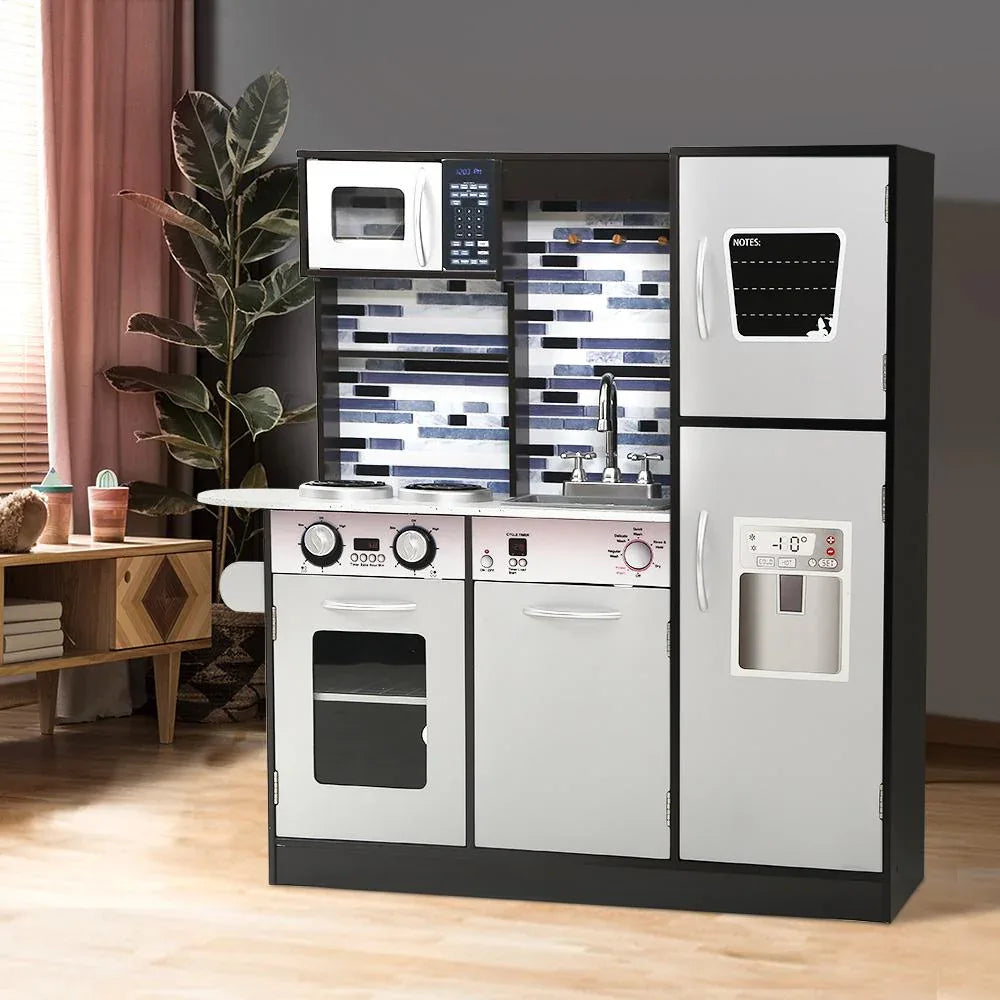 Modern style wooden kitchen playset with stove, sink, fridge, and dishwasher for kids’ role play.