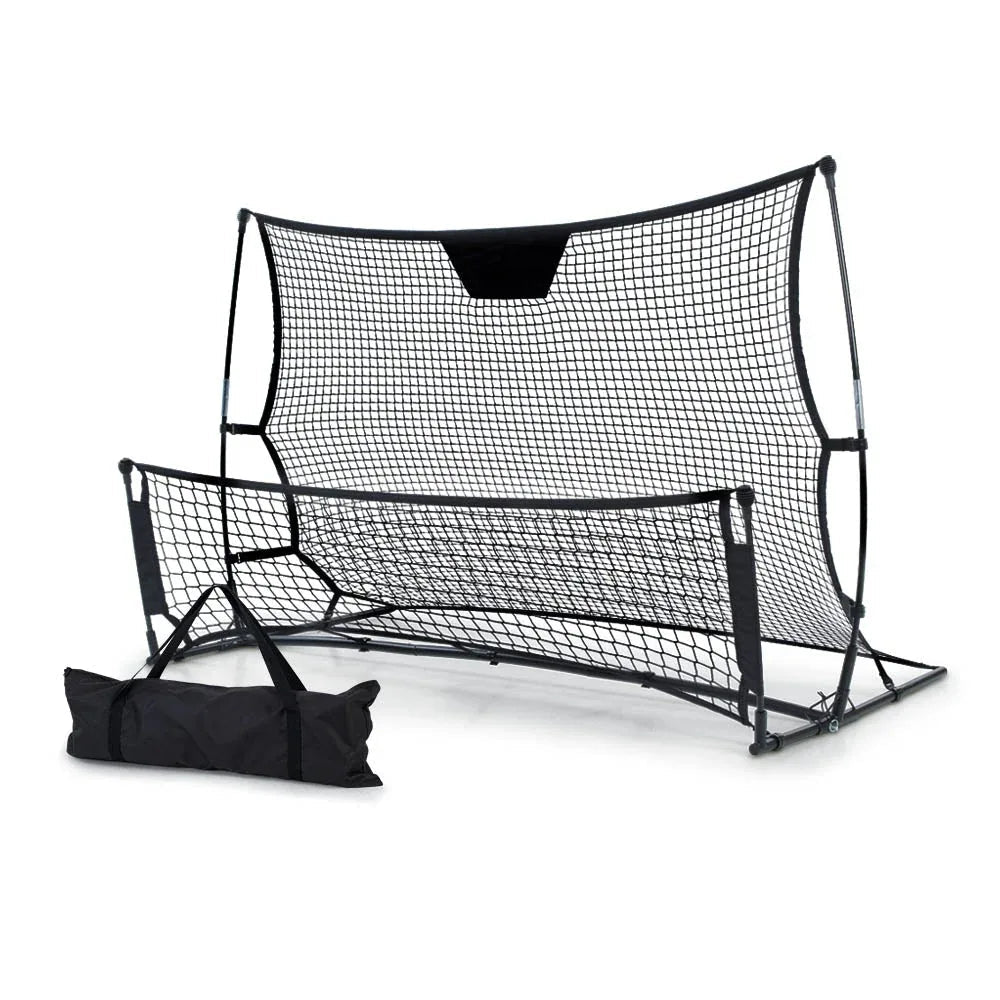 Everfit Portable Soccer Rebounder Net with black powder-coated steel frame and taut net outdoors on grass.