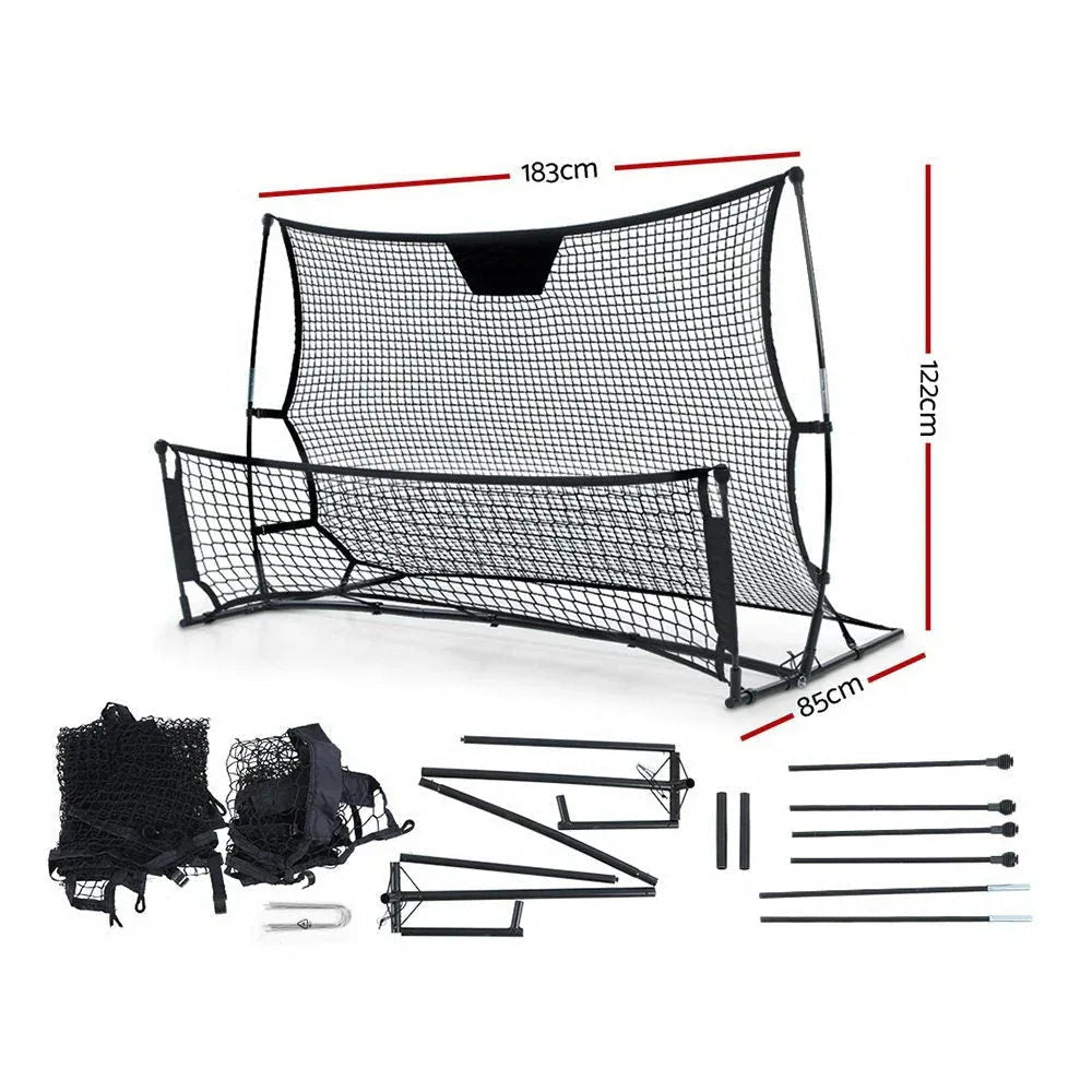 Close-up of sturdy steel frame and strong net of Everfit Portable Soccer Rebounder set up for training.
