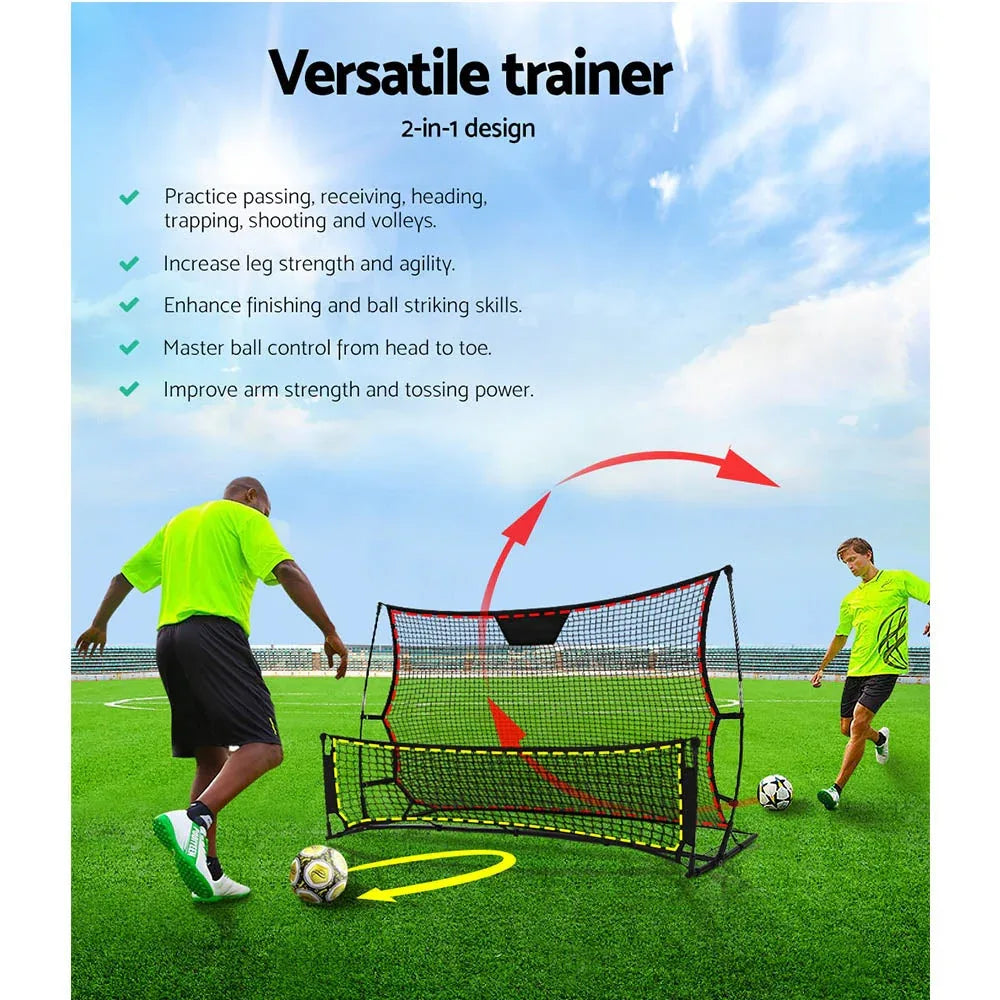 Person kicking soccer ball towards Everfit Portable Soccer Rebounder Net on green field during practice.