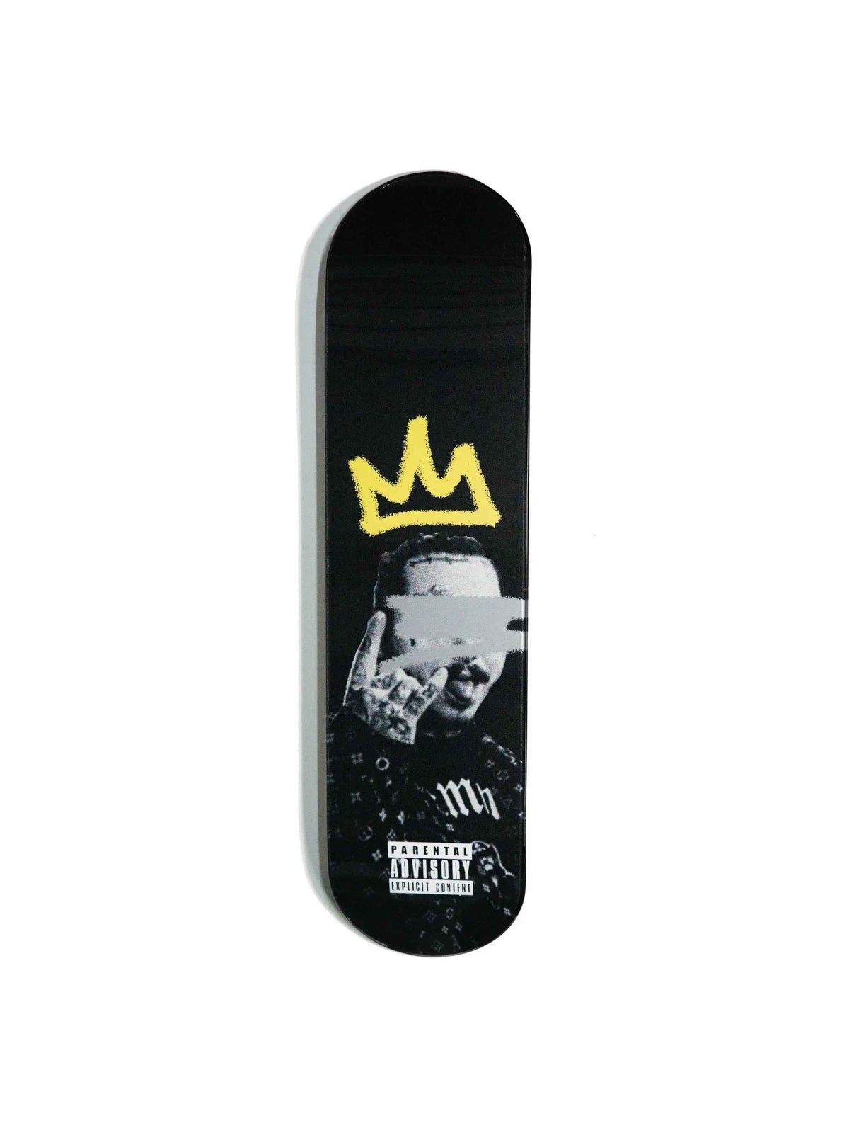 Close-up of Posty Skateboard deck with colorful graffiti design.