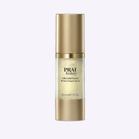 Bottle of PRAI Beauty 24K Gold Caviar Wrinkle Repair Serum with gold accents on label.