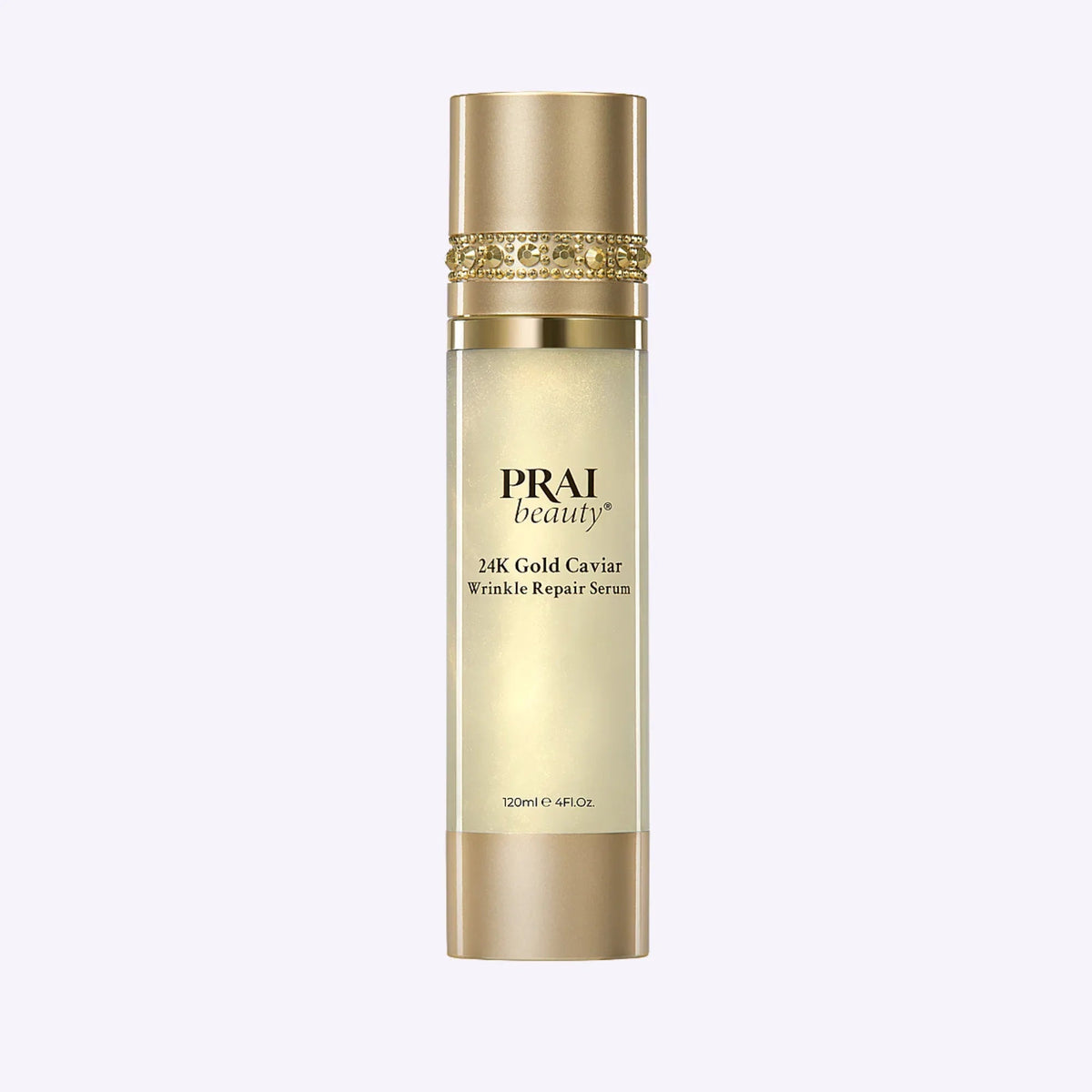 PRAI Beauty 24K Gold Caviar Wrinkle Repair Serum bottle with white and gold packaging.