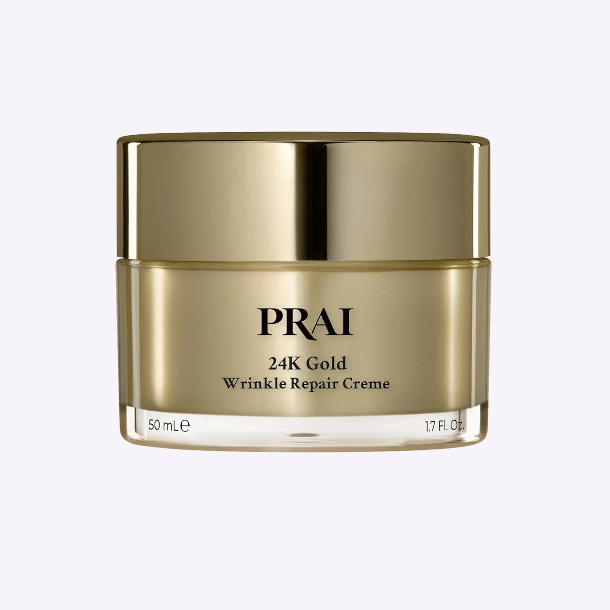 Jar of PRAI Beauty 24K Gold Wrinkle Repair Creme with gold and white packaging on a white background