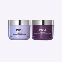 PRAI Ageless 2-Piece Throat & Decolletage Day and Night Cream set with day and night formulations in white packaging
